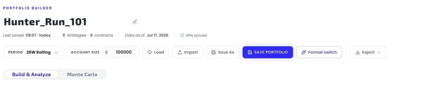 The Portfolio Builder header for a portfolio named Hunter_Run_101, with the toolbar Export button on the right that opens the Export-to-OptionsApp option