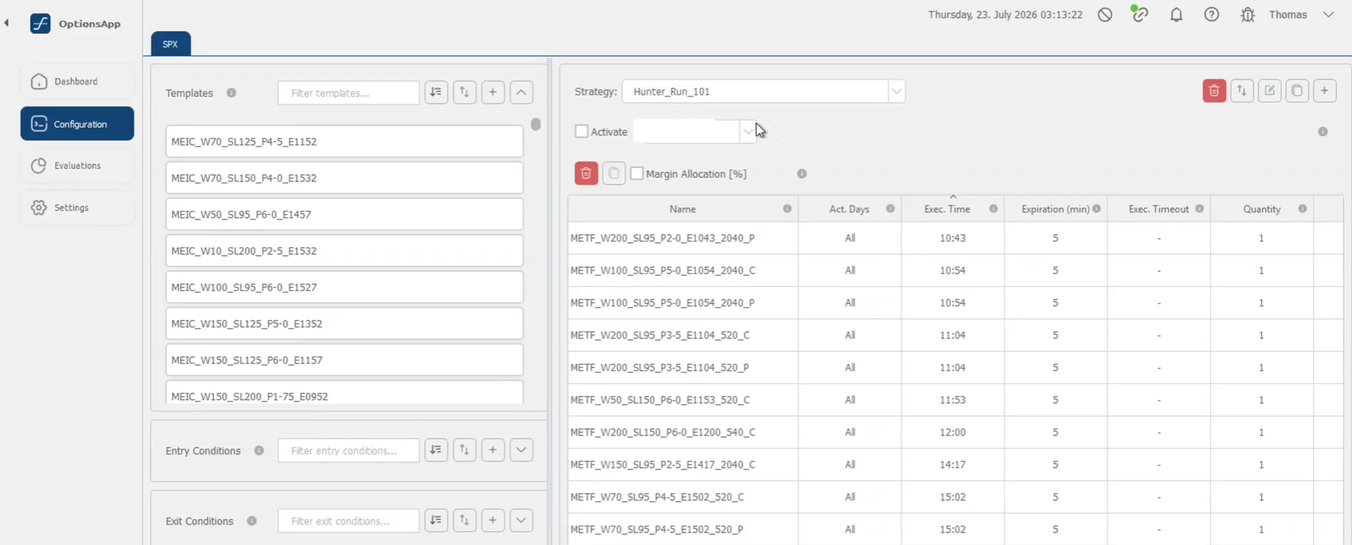 The OptionsApp Configuration screen after import: the strategy dropdown reads Hunter_Run_101, and the imported strategies are listed with their execution times and quantities, each iron condor split into a call side and a put side