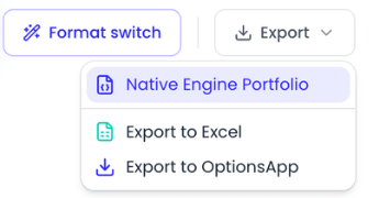 The Export menu: Native Engine Portfolio, Export to Excel, Export to OptionsApp