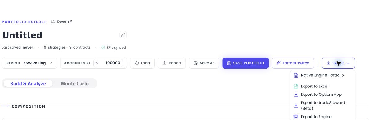 The Cashflow Engine Portfolio Builder Export menu with Export to tradeSteward marked Beta alongside the native, Excel, OptionsApp, and Engine exports