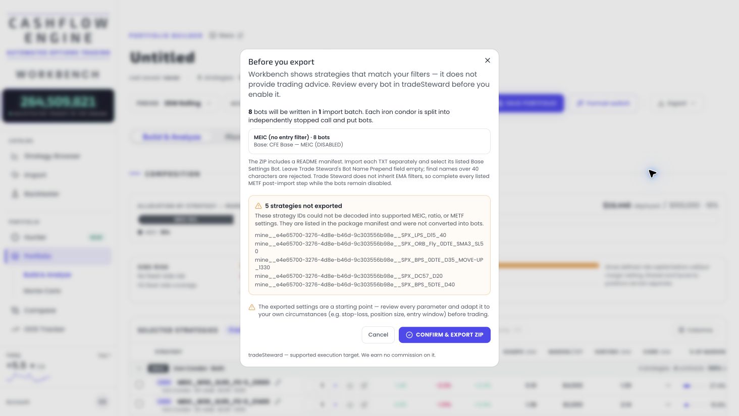 The Cashflow Engine Before you export window showing the bot count, required disabled base, skipped unsupported strategies, review warning, and Confirm and export ZIP button
