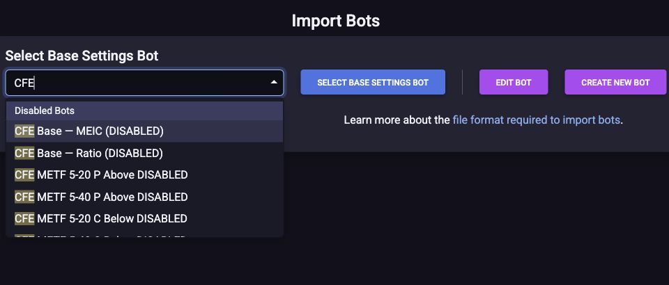 The tradeSteward Import Bots page filtered to the eight disabled CFE Base Settings Bots, including MEIC, Ratio, and the METF EMA condition variants