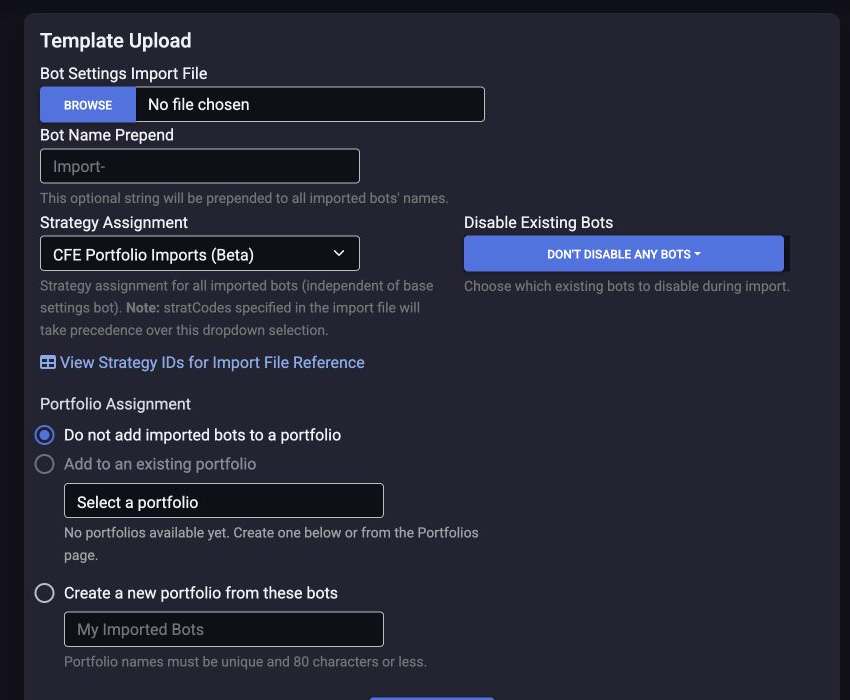 The tradeSteward Template Upload form with an empty Bot Name Prepend field, CFE Portfolio Imports Beta selected, Don't disable any bots selected, and no portfolio assignment