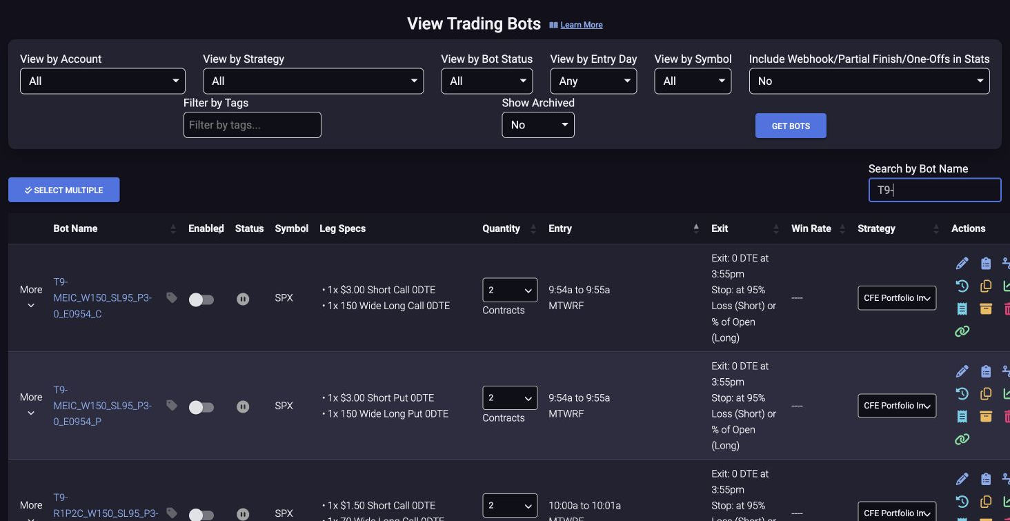 The tradeSteward View Trading Bots table filtered to imported CFE bots, with the per-bot switches off and the bots disabled