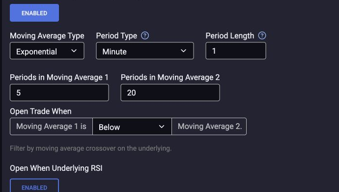 A tradeSteward METF bot's Underlying Moving Average Crossover filter enabled with Exponential, Minute, period length 1, moving averages 5 and 20, and Below selected
