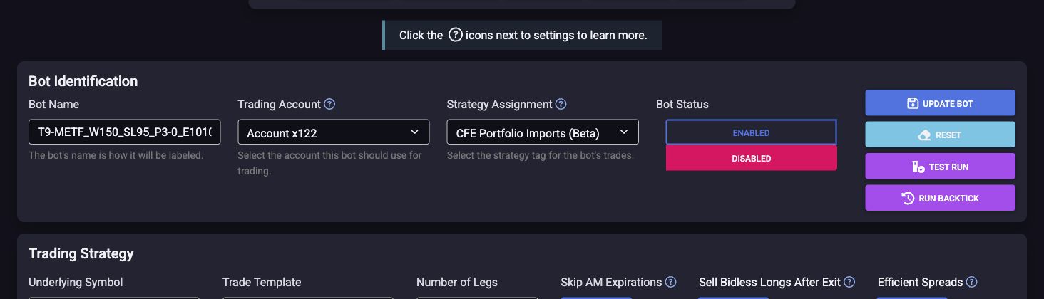 The tradeSteward Bot Identification panel showing the selected trading account, CFE Portfolio Imports Beta strategy assignment, and Bot Status still set to Disabled beside Update Bot