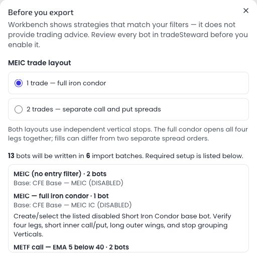 The live Cashflow Engine export popup with one full iron condor selected, updated bot and batch counts, and the disabled MEIC IC base instructions