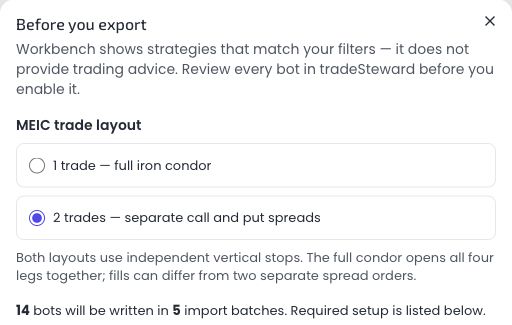 The live Cashflow Engine popup showing the default two-trade choice for separate call and put spreads