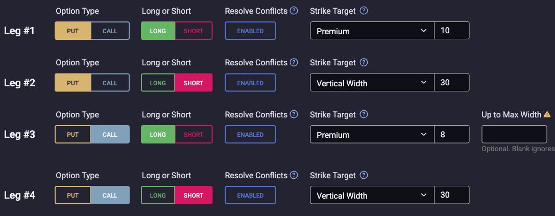 Four saved RIC legs in tradeSteward: long PUT premium 10, short PUT width 30, long CALL premium 8, and short CALL width 30