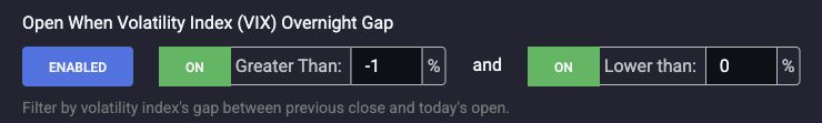 The saved VIX Overnight Gap filter with Enabled selected and both bounds on: Greater Than minus 1 percent and Lower than zero percent