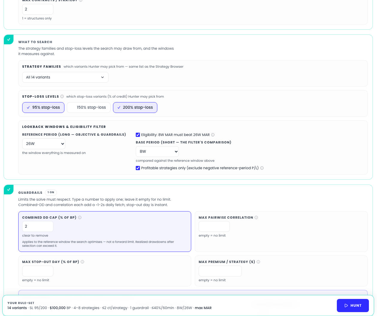 Step 3 of the Hunter form: the four guardrail tiles with a 2% combined-DD cap typed in and its standing note visible — applies to the reference window the search optimises, not a forward limit