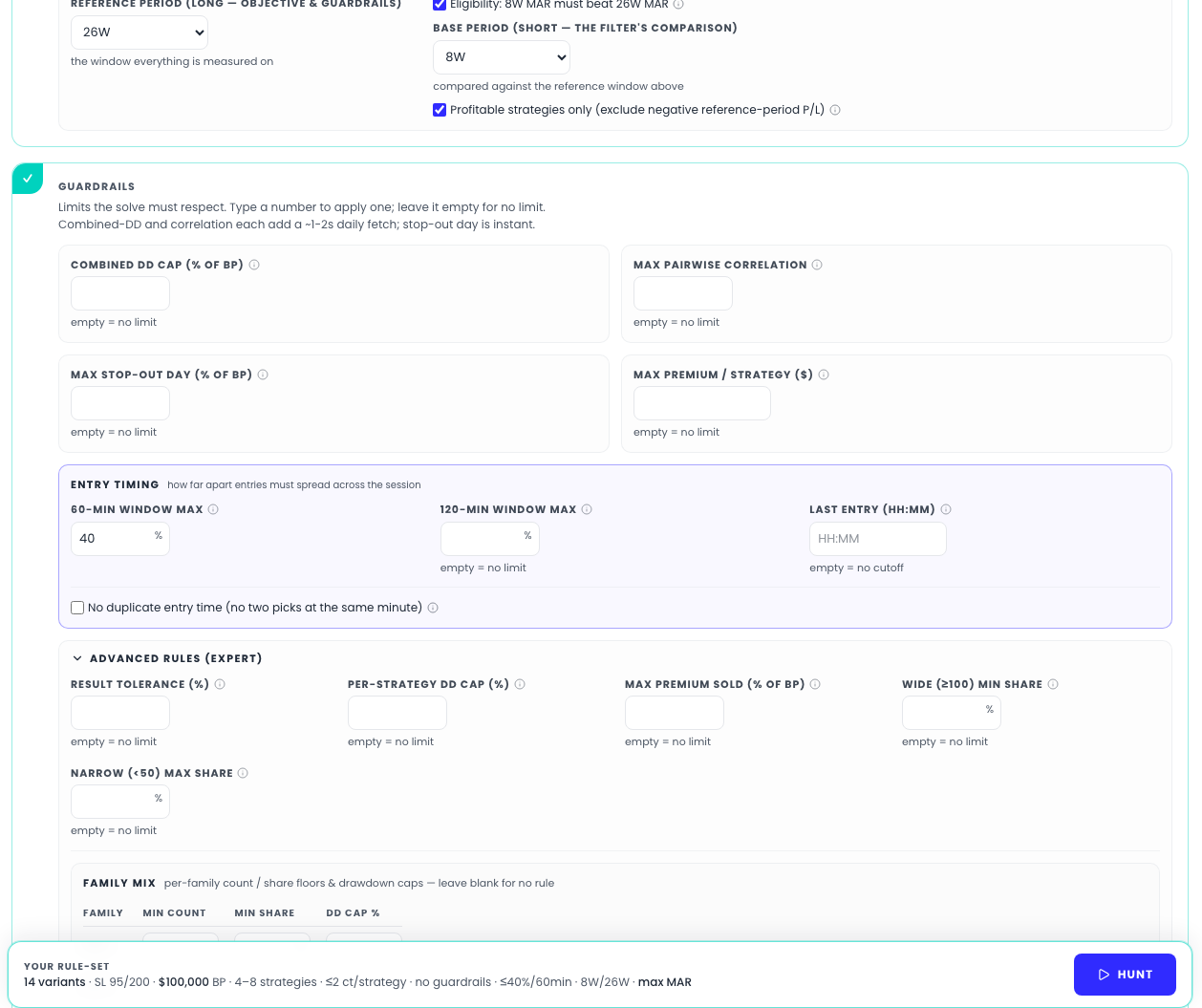 The expanded expert panel: result tolerance, per-strategy DD cap, premium sold cap, wide and narrow share rules, and the per-family mix table