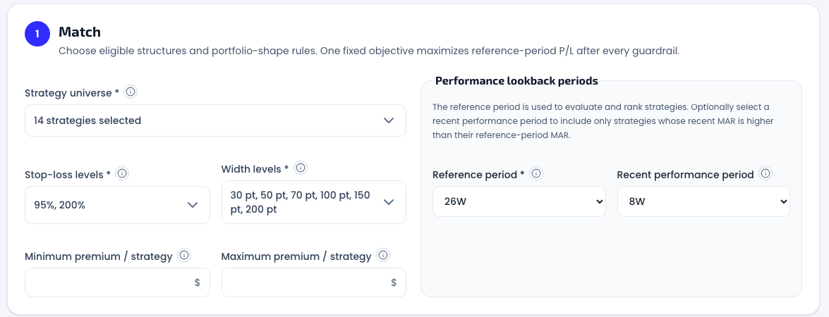 Stage 1 of the Hunter 3.0 form filled in: the strategy universe with all 14 variants selected, stop-losses 95% and 200%, all six width levels, blank premium bounds, and the lookback periods set to 26W reference with an 8W recent period