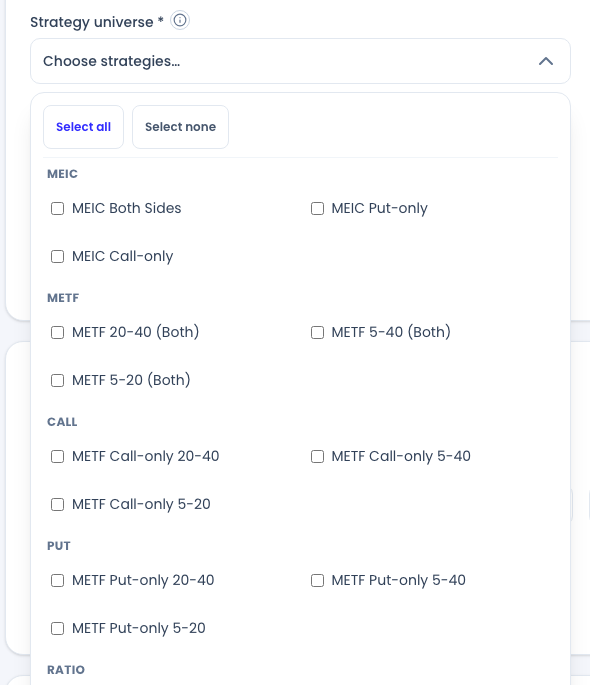 The strategy universe dropdown open: five family groups with per-variant checkboxes and the Select all / Select none controls