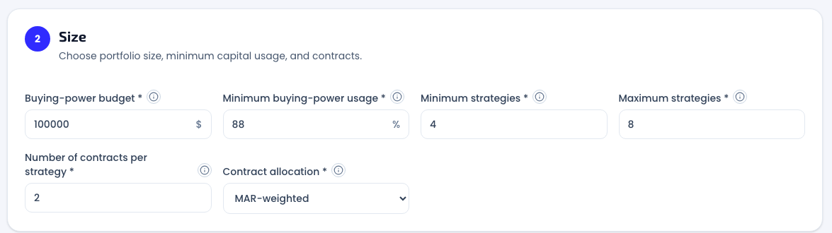 Stage 2 of the Hunter 3.0 form: a $100,000 buying-power budget, the 88% minimum usage default, 4 to 8 strategies, 2 contracts per strategy, and MAR-weighted allocation selected