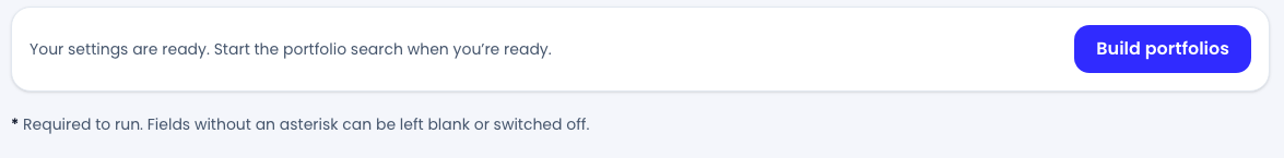 The submit bar with a complete rule-set: the ready message and the enabled Build portfolios button