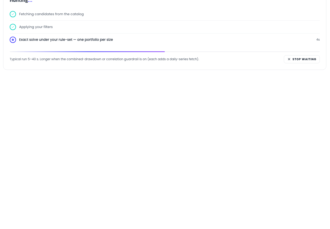 The Hunting progress view: three staged rows — fetching candidates, applying your filters, exact solve — with a live elapsed counter