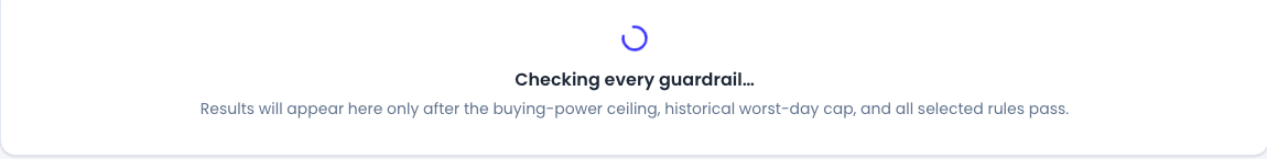 The Results tab immediately after pressing Build portfolios: the progress card explaining that results appear only after every rule passes
