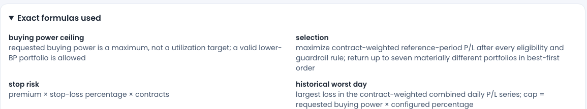 The Exact formulas used panel expanded, listing the server's own formula behind every rule of the run