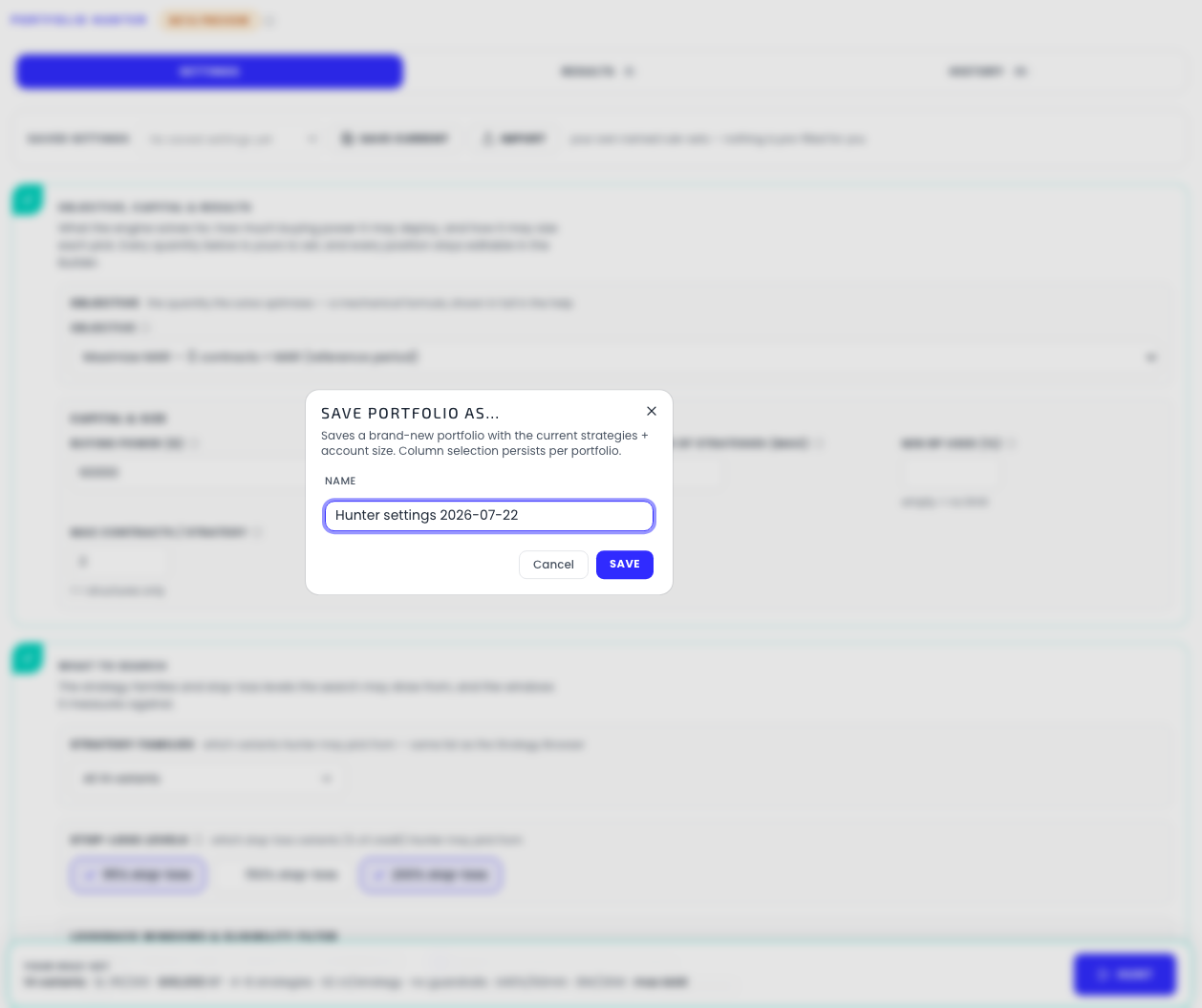 The Save-as dialog over the Hunter settings, pre-filled with a dated default name, with Cancel and Save actions