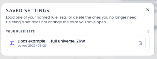 The Manage saved settings dialog listing named rule-sets with load and delete actions
