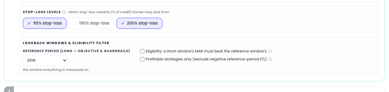 The lookback windows group with the eligibility filter off: a single Reference period selector set to 26W, described as the window everything is measured on, with no base-period control anywhere