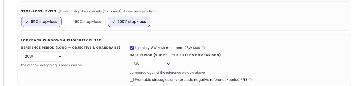 The same group with the eligibility filter ticked: the toggle now reads "Eligibility: 8W MAR must beat 26W MAR" and a Base period selector has appeared directly beneath it, set to 8W and labelled as the filter's comparison