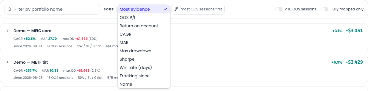 The sort menu open, listing every sort key