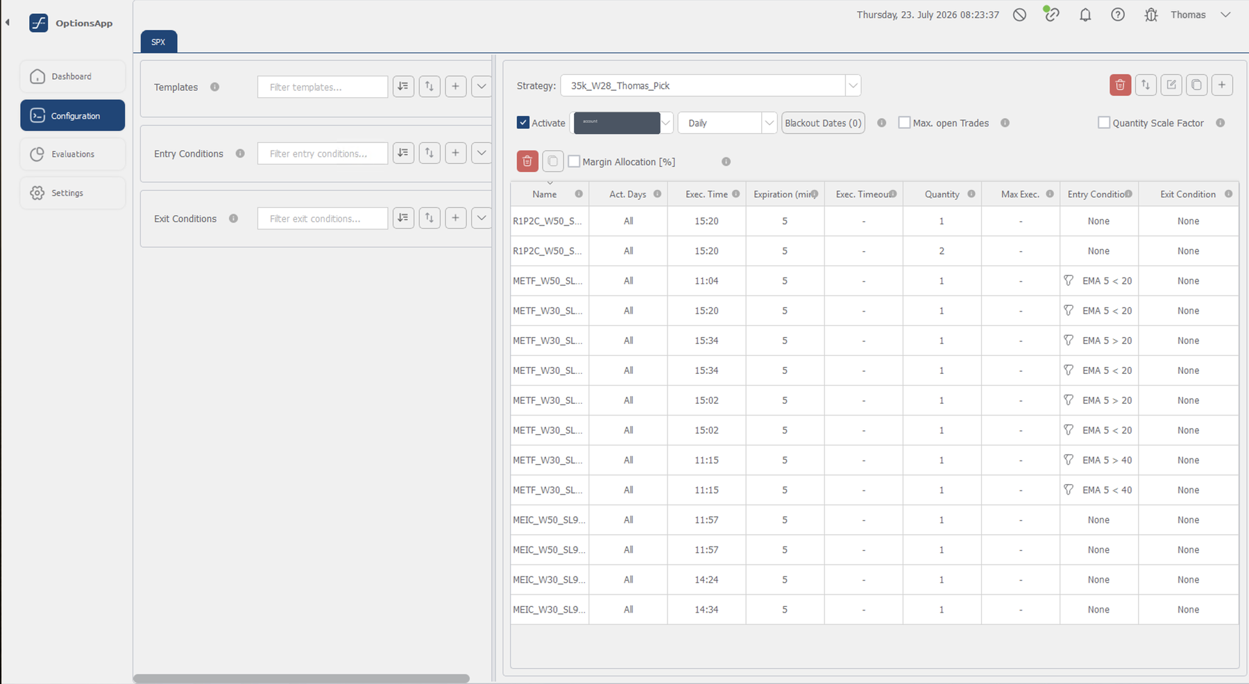 The OptionsApp Configuration screen with an imported portfolio: strategies listed with their execution times and quantities, each iron condor split into a call and a put side