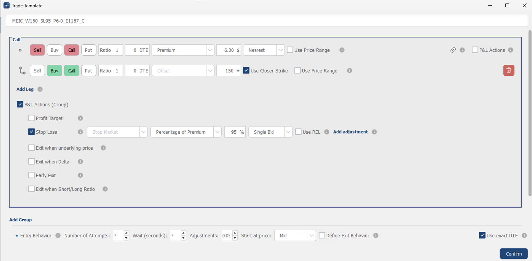 The OptionsApp Trade Template editor for one credit spread: a Sell and a Buy leg, 0 DTE, a premium target, a width offset with Use Closer Strike, and a P&L Actions group with Stop Loss set to Percentage of Premium at 95%