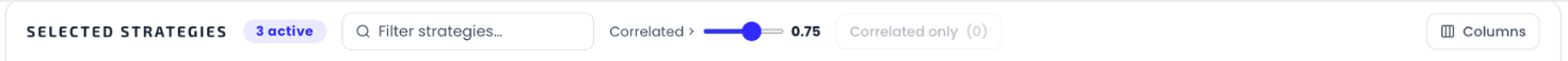 The Selected Strategies toolbar: filter box, correlation threshold, correlated-only toggle and the Columns picker