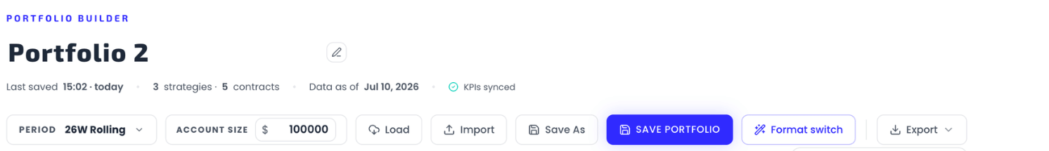 The Portfolio Builder header: portfolio name, period, account size, and the save/load/import/export actions