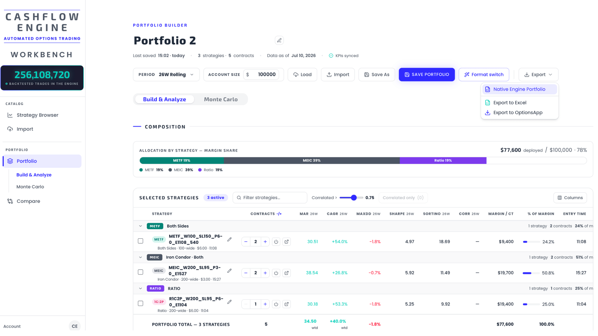 Export options — engine format, Excel workbook, or OptionsApp-compatible files